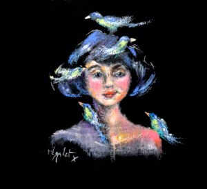 A little bird told me Miniature Framed Oil Pastel Painting of woman with birds