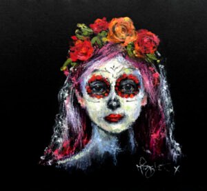 Dia de Los Muertos Miniature Oil Pastel Painting of woman with flowers in hair