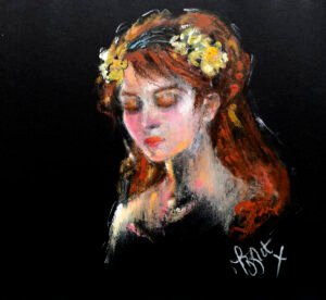 Miniature Oil Portrait Painting of woman with flowers