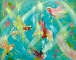 Feathered Friends Birds Flying Painting Acrylic on Canvas Framed